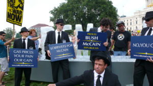 Billionaires for Bush in front of Democracy ice sculpture St. Paul 2008